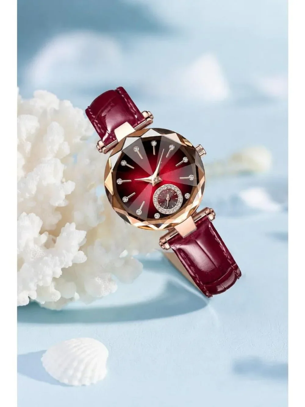 Women's Red Crystal Accents Dainty Dress Leather Strap Fashion Quartz WristWatch